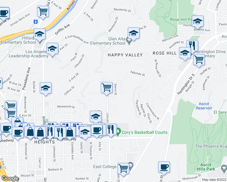 map of restaurants, bars, coffee shops, grocery stores, and more near 2842 Sierra Street in Los Angeles