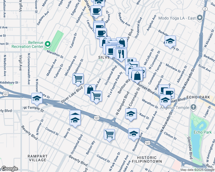 map of restaurants, bars, coffee shops, grocery stores, and more near 2827 Marathon Street in Los Angeles
