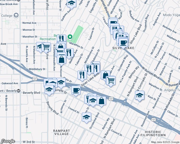 map of restaurants, bars, coffee shops, grocery stores, and more near 641 Robinson Street in Los Angeles