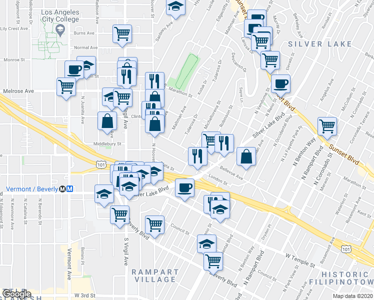 map of restaurants, bars, coffee shops, grocery stores, and more near 623 Micheltorena Street in Los Angeles