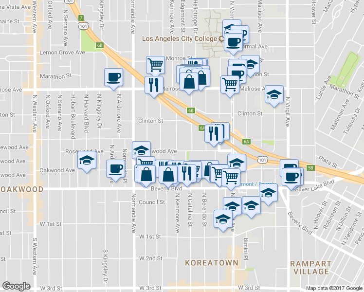 map of restaurants, bars, coffee shops, grocery stores, and more near 529 North Heliotrope Drive in Los Angeles