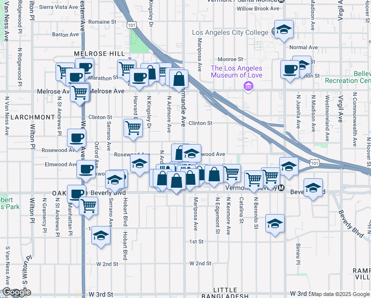 map of restaurants, bars, coffee shops, grocery stores, and more near 505 North Normandie Avenue in Los Angeles