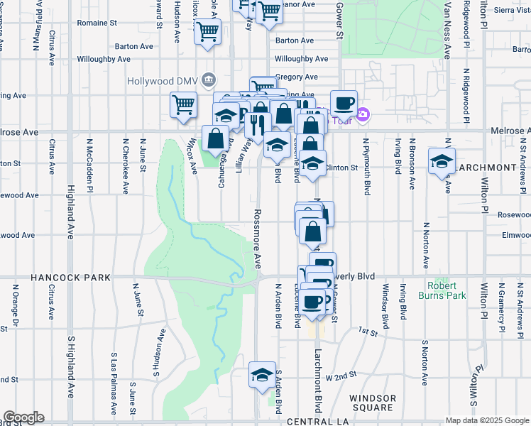 map of restaurants, bars, coffee shops, grocery stores, and more near 535 North Rossmore Avenue in Los Angeles