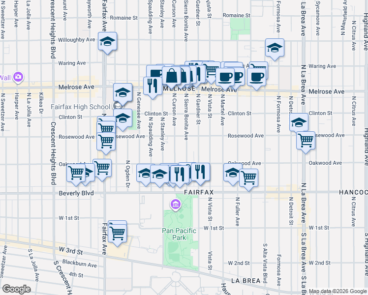 map of restaurants, bars, coffee shops, grocery stores, and more near 465 North Sierra Bonita Avenue in Los Angeles