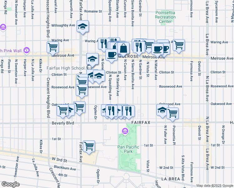 map of restaurants, bars, coffee shops, grocery stores, and more near 458 North Stanley Avenue in Los Angeles
