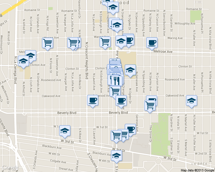 map of restaurants, bars, coffee shops, grocery stores, and more near 464 North Edinburgh Avenue in Los Angeles