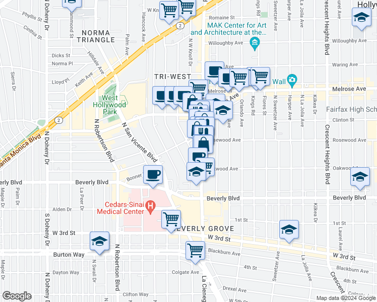 map of restaurants, bars, coffee shops, grocery stores, and more near 445 Westmount Drive in West Hollywood