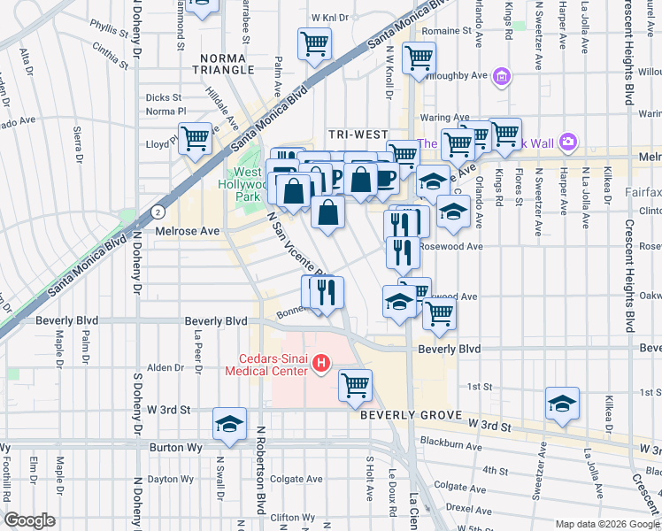map of restaurants, bars, coffee shops, grocery stores, and more near 502 Huntley Drive in West Hollywood