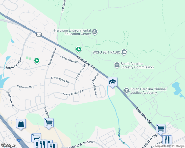 map of restaurants, bars, coffee shops, grocery stores, and more near 6 Heritage Village Lane in Columbia