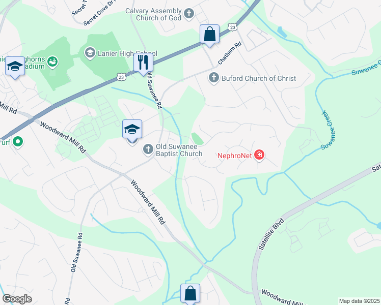 map of restaurants, bars, coffee shops, grocery stores, and more near 4106 Creekview Ridge Drive Northeast in Buford