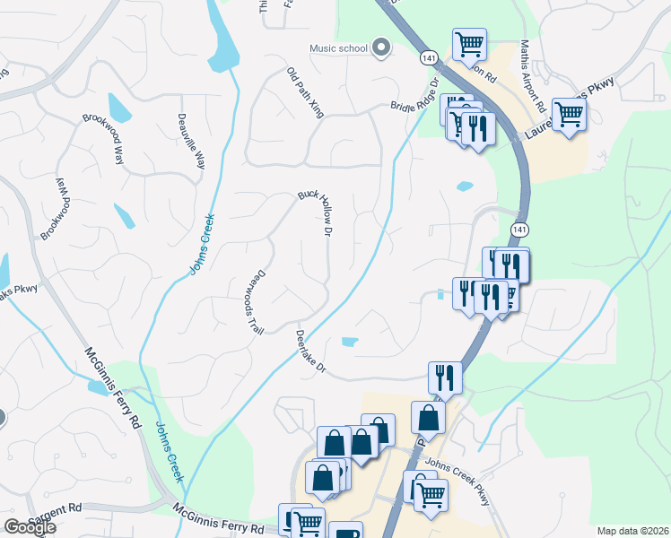 map of restaurants, bars, coffee shops, grocery stores, and more near 5430 Buck Hollow Drive in Alpharetta