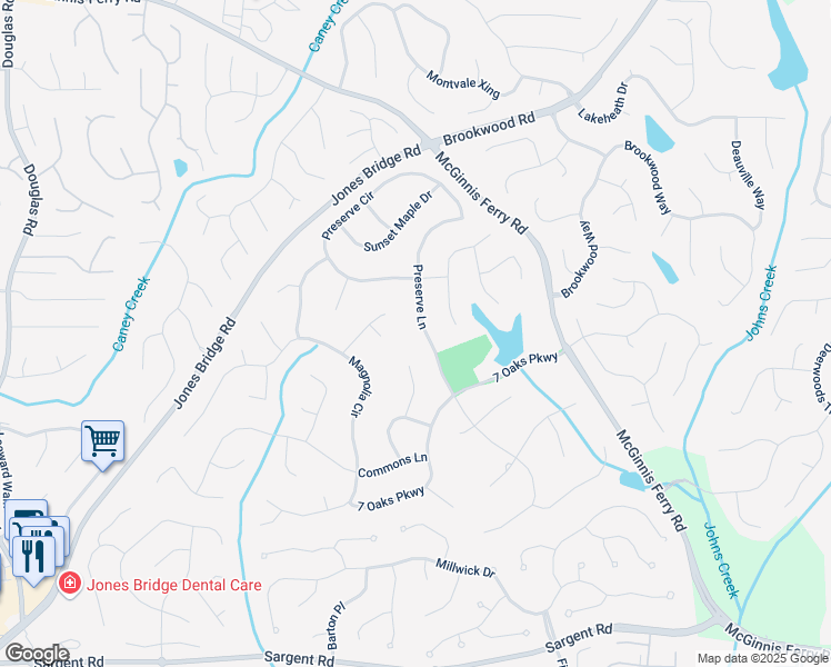 map of restaurants, bars, coffee shops, grocery stores, and more near 12340 Preserve Lane in Alpharetta