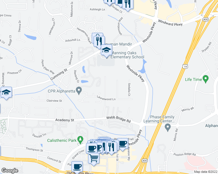 map of restaurants, bars, coffee shops, grocery stores, and more near 241 Wedgewood Drive in Alpharetta