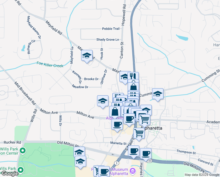 map of restaurants, bars, coffee shops, grocery stores, and more near 260 Jasmine Garden Way in Alpharetta