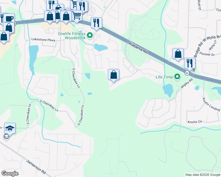 map of restaurants, bars, coffee shops, grocery stores, and more near 246 Glens Loop in Woodstock