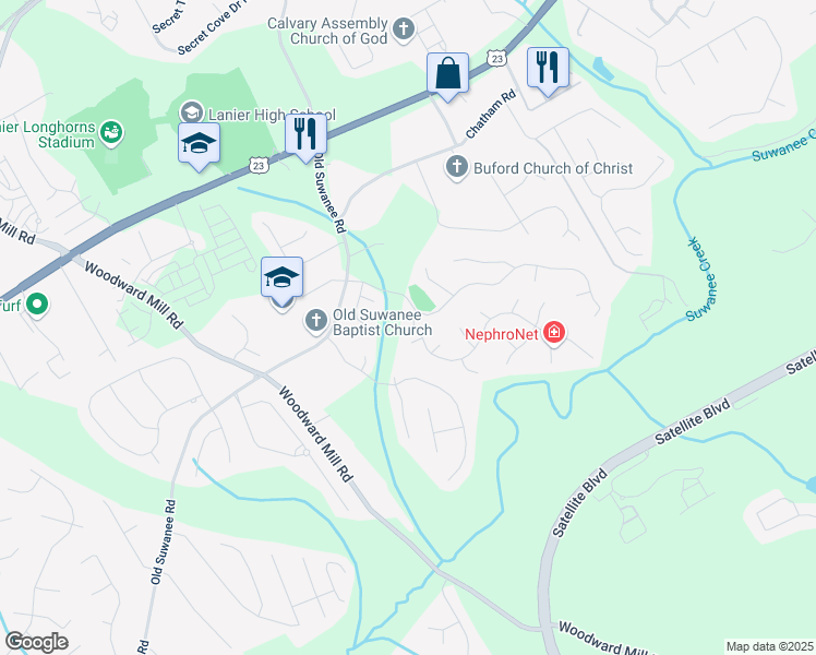 map of restaurants, bars, coffee shops, grocery stores, and more near 4106 Creekview Ridge Drive Northeast in Buford