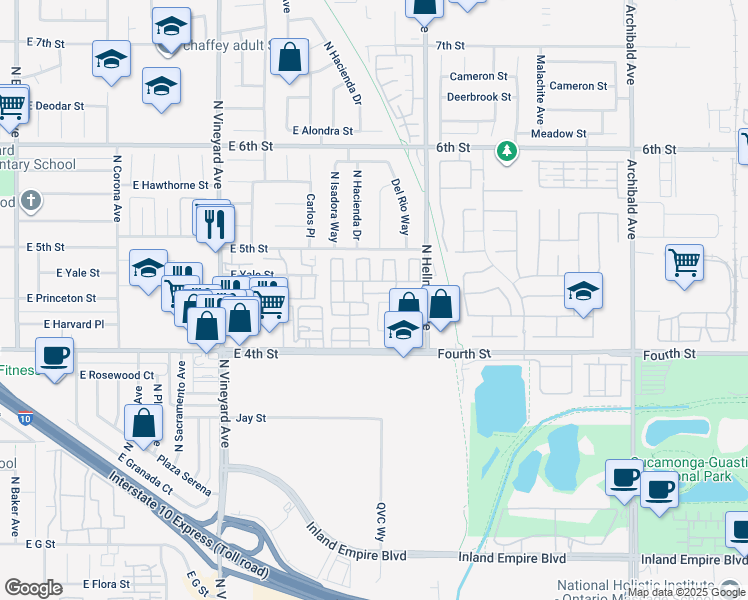map of restaurants, bars, coffee shops, grocery stores, and more near 2139 East 4th Street in Ontario