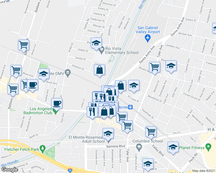 map of restaurants, bars, coffee shops, grocery stores, and more near 3855 Santa Anita Avenue in El Monte