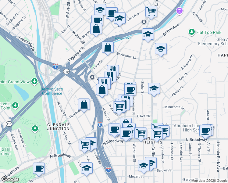 map of restaurants, bars, coffee shops, grocery stores, and more near 151 West Avenue 28 in Los Angeles