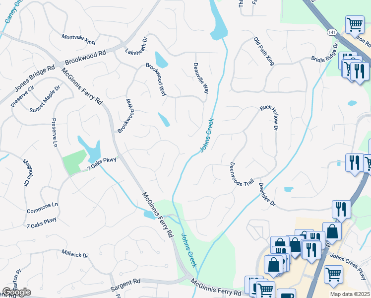map of restaurants, bars, coffee shops, grocery stores, and more near 7335 Treyland Court in Cumming
