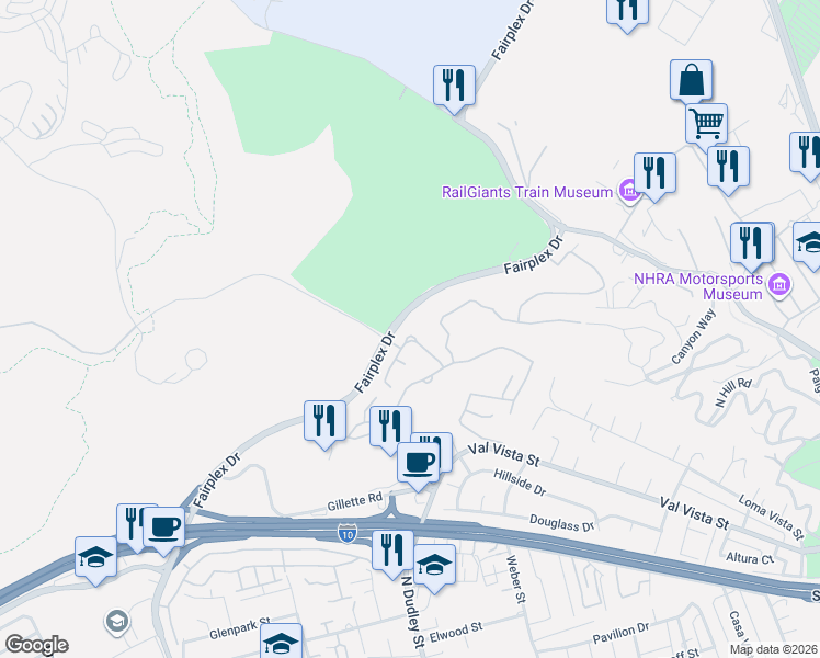 map of restaurants, bars, coffee shops, grocery stores, and more near 1782 Del Prado in Pomona
