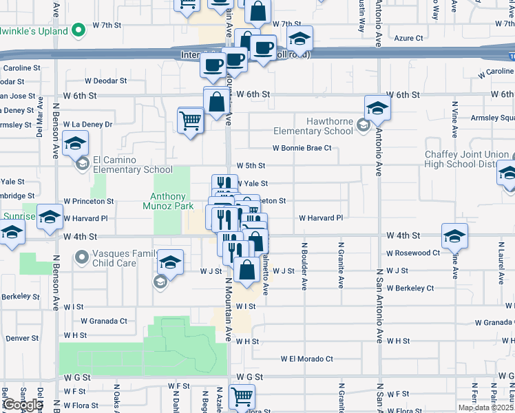 map of restaurants, bars, coffee shops, grocery stores, and more near 1038 West Princeton Street in Ontario