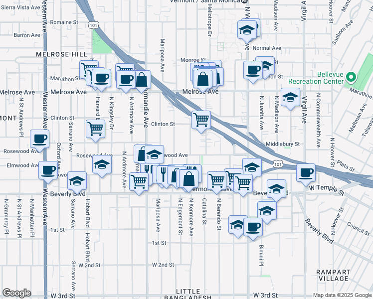 map of restaurants, bars, coffee shops, grocery stores, and more near 528 North Alexandria Avenue in Los Angeles