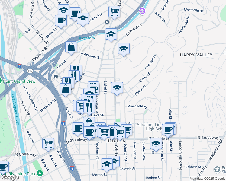 map of restaurants, bars, coffee shops, grocery stores, and more near 2821 Griffin Avenue in Los Angeles
