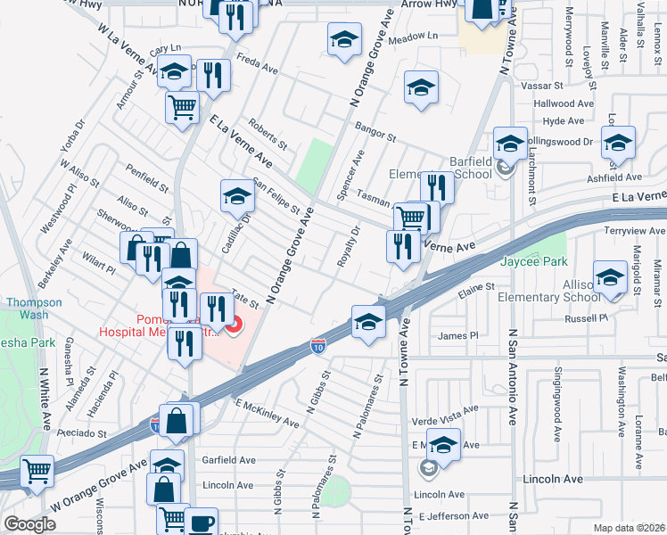 map of restaurants, bars, coffee shops, grocery stores, and more near 1935 Royalty Drive in Pomona