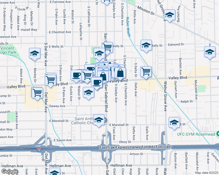map of restaurants, bars, coffee shops, grocery stores, and more near 800 East Valley Boulevard in San Gabriel