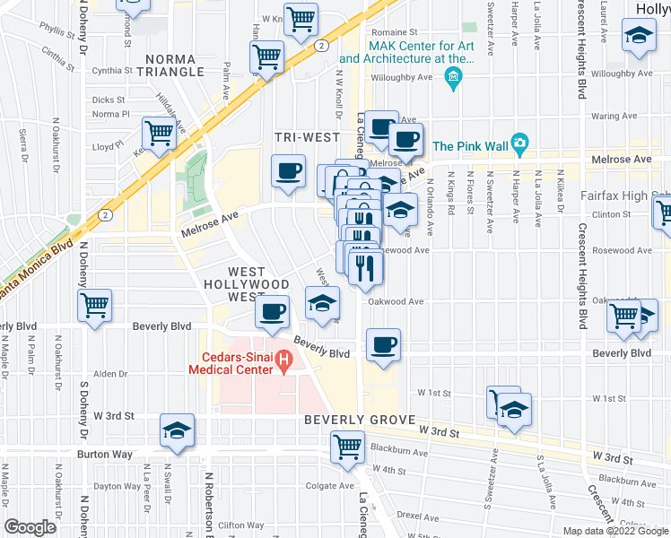 map of restaurants, bars, coffee shops, grocery stores, and more near 445 Westmount Drive in West Hollywood
