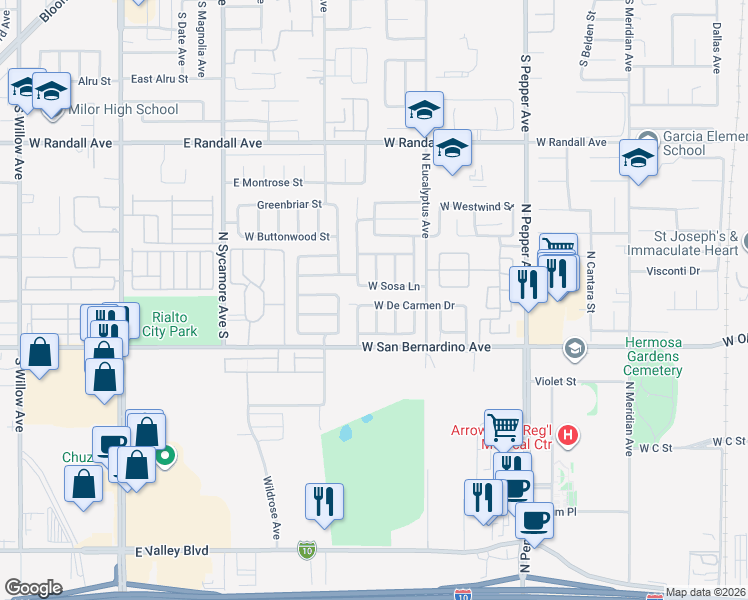 map of restaurants, bars, coffee shops, grocery stores, and more near 1967 West De Carmen Drive in Colton