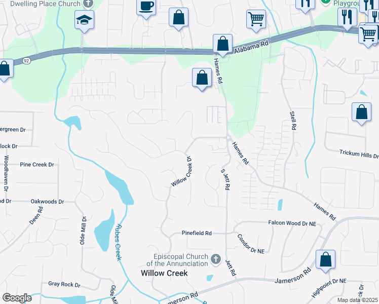 map of restaurants, bars, coffee shops, grocery stores, and more near 4950 Willow Creek Drive in Woodstock