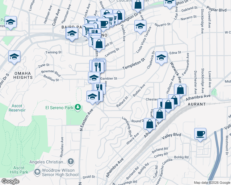 map of restaurants, bars, coffee shops, grocery stores, and more near 2717 North Chadwick Drive in Los Angeles