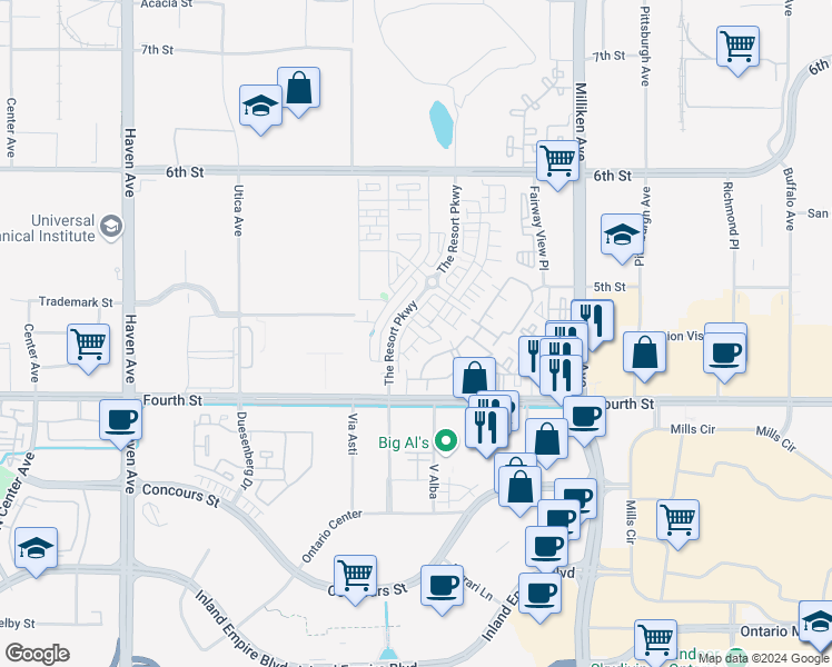 map of restaurants, bars, coffee shops, grocery stores, and more near Momentum Drive in Rancho Cucamonga