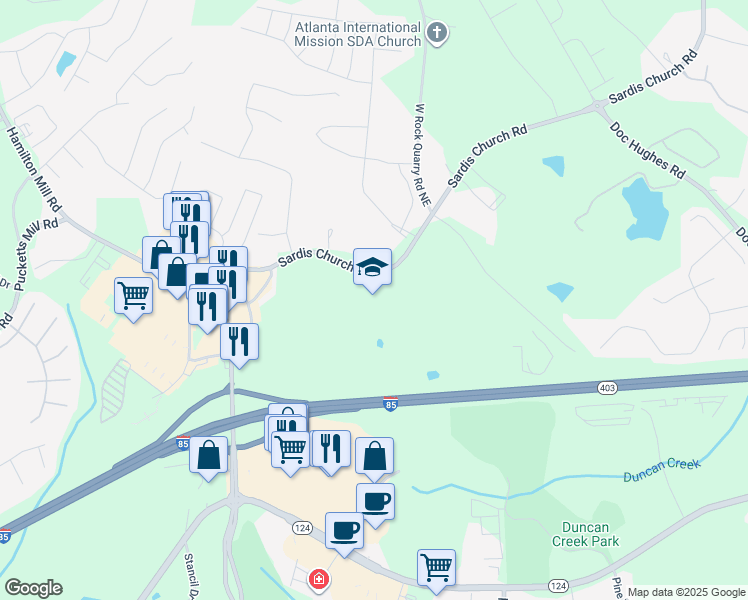 map of restaurants, bars, coffee shops, grocery stores, and more near 3655 Sardis Church Road in Buford