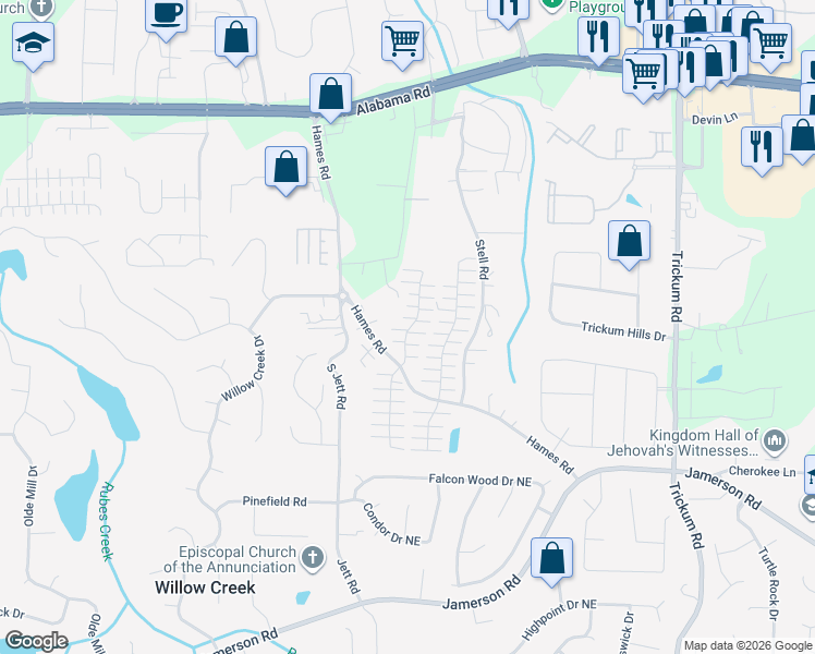 map of restaurants, bars, coffee shops, grocery stores, and more near 343 West Oaks Trail in Woodstock