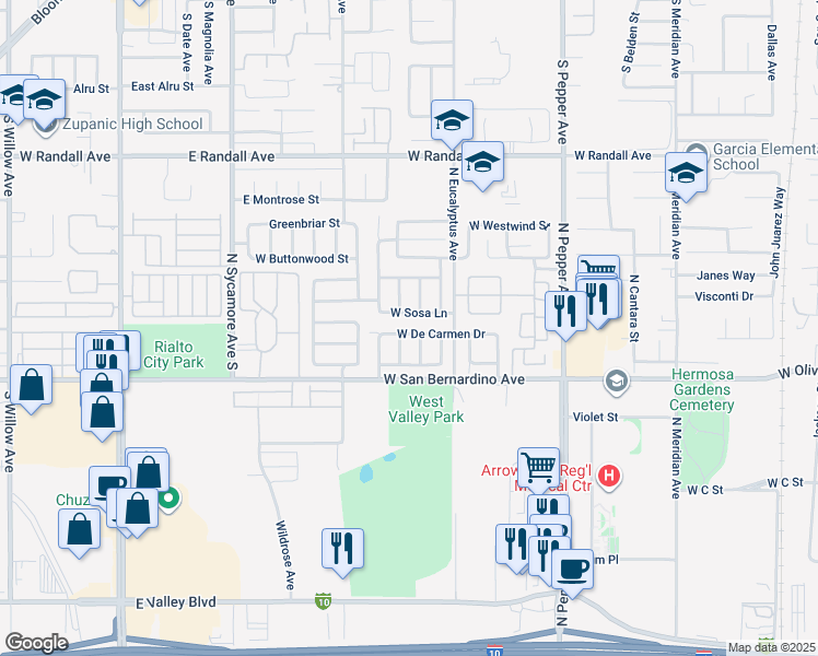 map of restaurants, bars, coffee shops, grocery stores, and more near 1951 West De Carmen Drive in Colton
