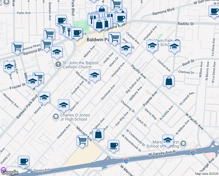map of restaurants, bars, coffee shops, grocery stores, and more near 3631 Stichman Avenue in Baldwin Park