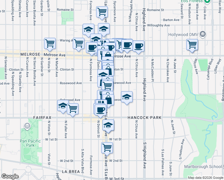 map of restaurants, bars, coffee shops, grocery stores, and more near 437 North Sycamore Avenue in Los Angeles