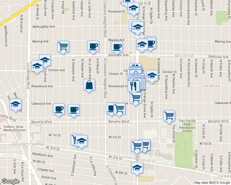 map of restaurants, bars, coffee shops, grocery stores, and more near 444 Laurel Avenue in West Hollywood