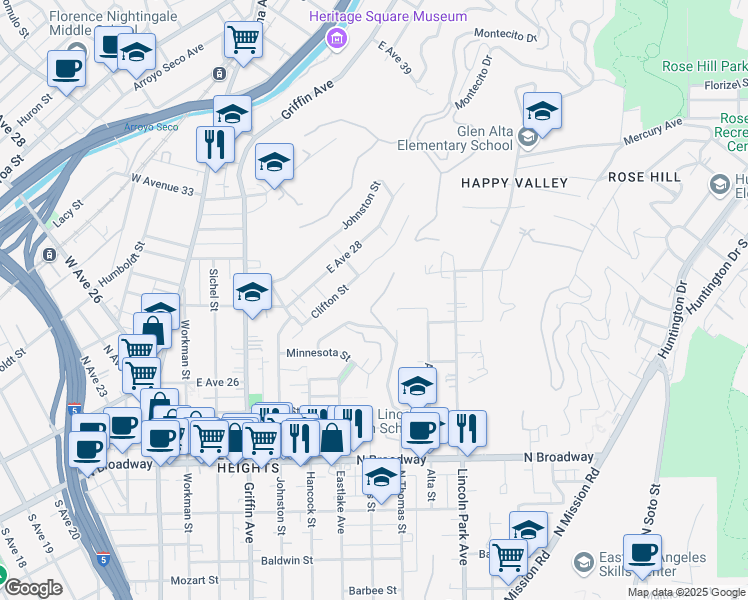 map of restaurants, bars, coffee shops, grocery stores, and more near 2911 North Thomas Street in Los Angeles