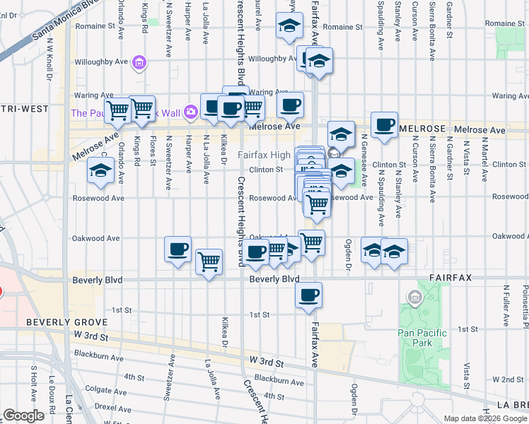 map of restaurants, bars, coffee shops, grocery stores, and more near 444 Laurel Avenue in West Hollywood