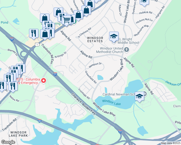 map of restaurants, bars, coffee shops, grocery stores, and more near 152 Greenfield Road in Columbia