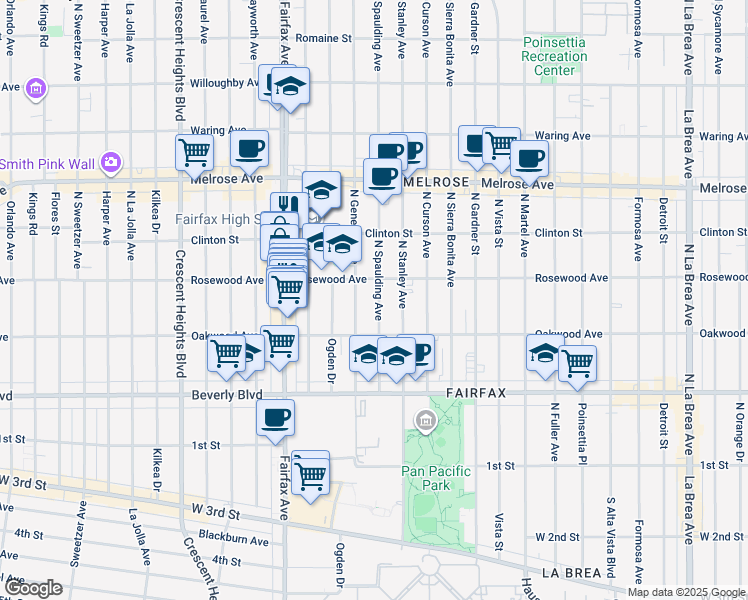 map of restaurants, bars, coffee shops, grocery stores, and more near 461 North Spaulding Avenue in Los Angeles