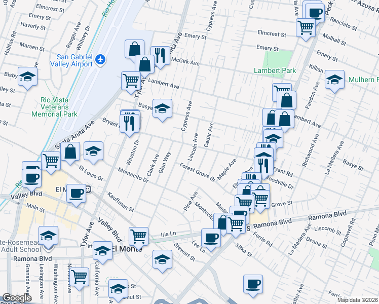 map of restaurants, bars, coffee shops, grocery stores, and more near in El Monte