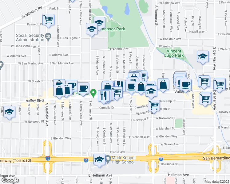 map of restaurants, bars, coffee shops, grocery stores, and more near 999 Valley Boulevard in Alhambra