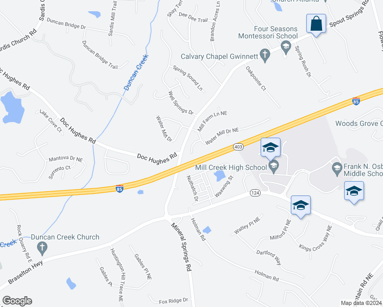 map of restaurants, bars, coffee shops, grocery stores, and more near 4200 Haywater Cove in Buford