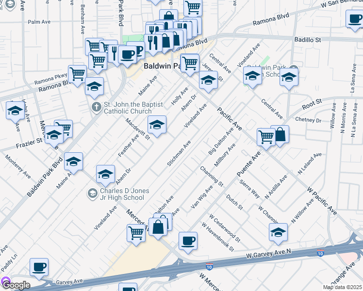map of restaurants, bars, coffee shops, grocery stores, and more near 3631 Stichman Avenue in Baldwin Park