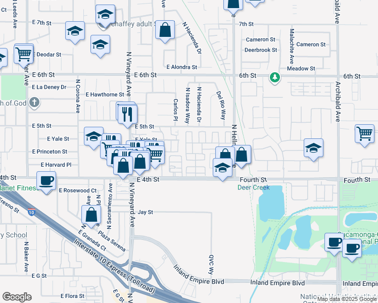 map of restaurants, bars, coffee shops, grocery stores, and more near 2139 East 4th Street in Ontario
